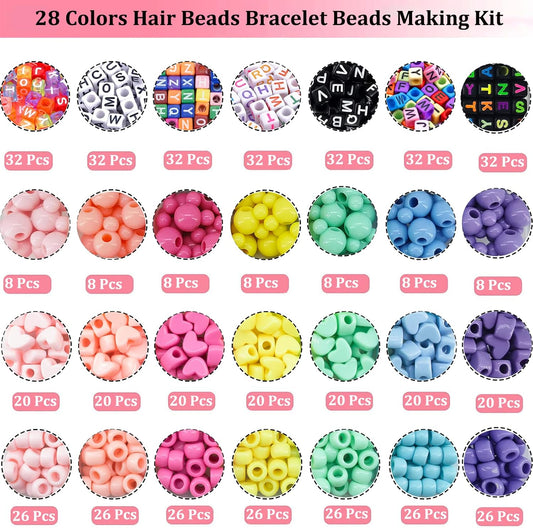 JJzxwish 1605 Pcs Hair Beads for Braids with Elastic Rubber Band Threaders Kit, Candy Color Acrylic Mickey Heart Star Alphabet Beads Pastel Pony Bead Kandi Bead for Bracelet Jewelry Making DIY Craft