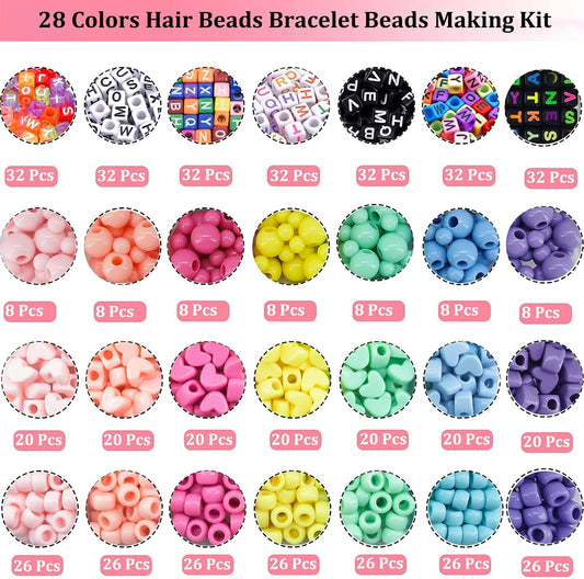 JJzxwish 1605 Pcs Hair Beads for Braids with Elastic Rubber Band Threaders Kit, Candy Color Acrylic Mickey Heart Star Alphabet Beads Pastel Pony Bead Kandi Bead for Bracelet Jewelry Making DIY Craft