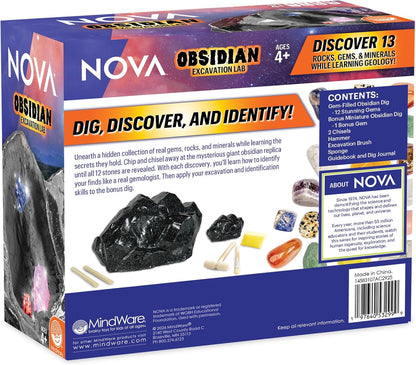 Gem Dig Kit for Kids Ages 4+ - NOVA Obsidian Excavation Lab by MindWare, 13 Real Gems + Bonus Mini-Dig + Dig Journal, Geology Science Kit with Rock & Mineral Tools