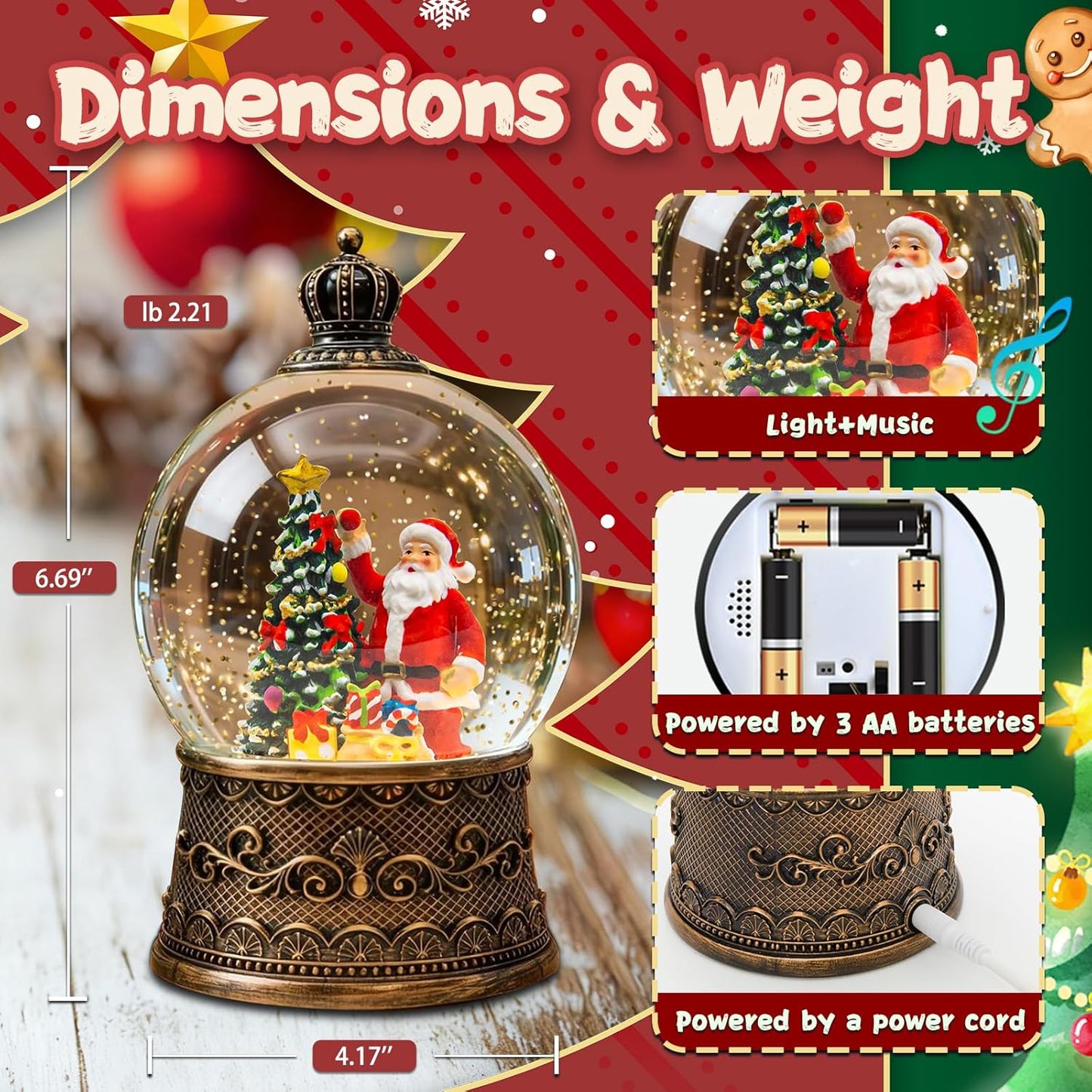 Christmas Snow Globes Lantern, Church and Christmas Tree Christmas Decorations Indoor, 6H Timer Battery & USB Powered Light Up Musical Snow Globes for Kids Women Adults Gift Thanksgiving Home Decor