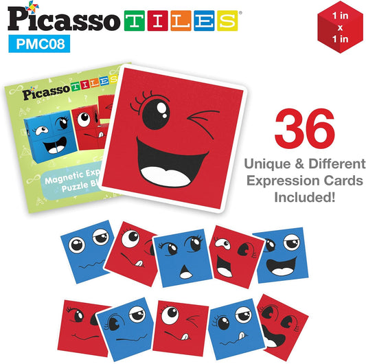 PicassoTiles Magnetic Expression Puzzle Cubes + Letters Numbers Drawing Board, 8pc Magnet Blocks w/ 36 Emotion Game Card Include, ABC A-Z Letter, Number, Freestyle Writing Erasable Magnet Tablet Pad