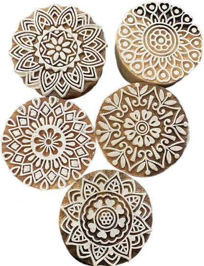 AnNafi® Traditional Mehendi Pattern Mandala and Round Wood Block Stamps (Set of 5) | Round Wooden Printing Block Stamp - DIY Henna Fabric Textile Paper Clay Pottery Block Printing Stamp