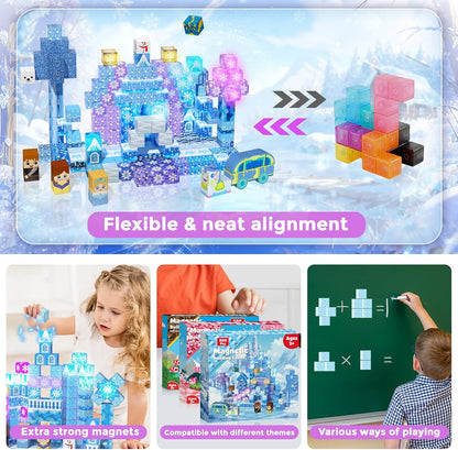 Magnetic Blocks - 100Pcs 0.8in Magnetic Building Block for Kids Ages 4-8, Transparent Magnet Block Blue Princess Castle, Magnet Cubes Tiles Princess Toy for Girl 3 4 5 6 7 8-12 Birthday Gift