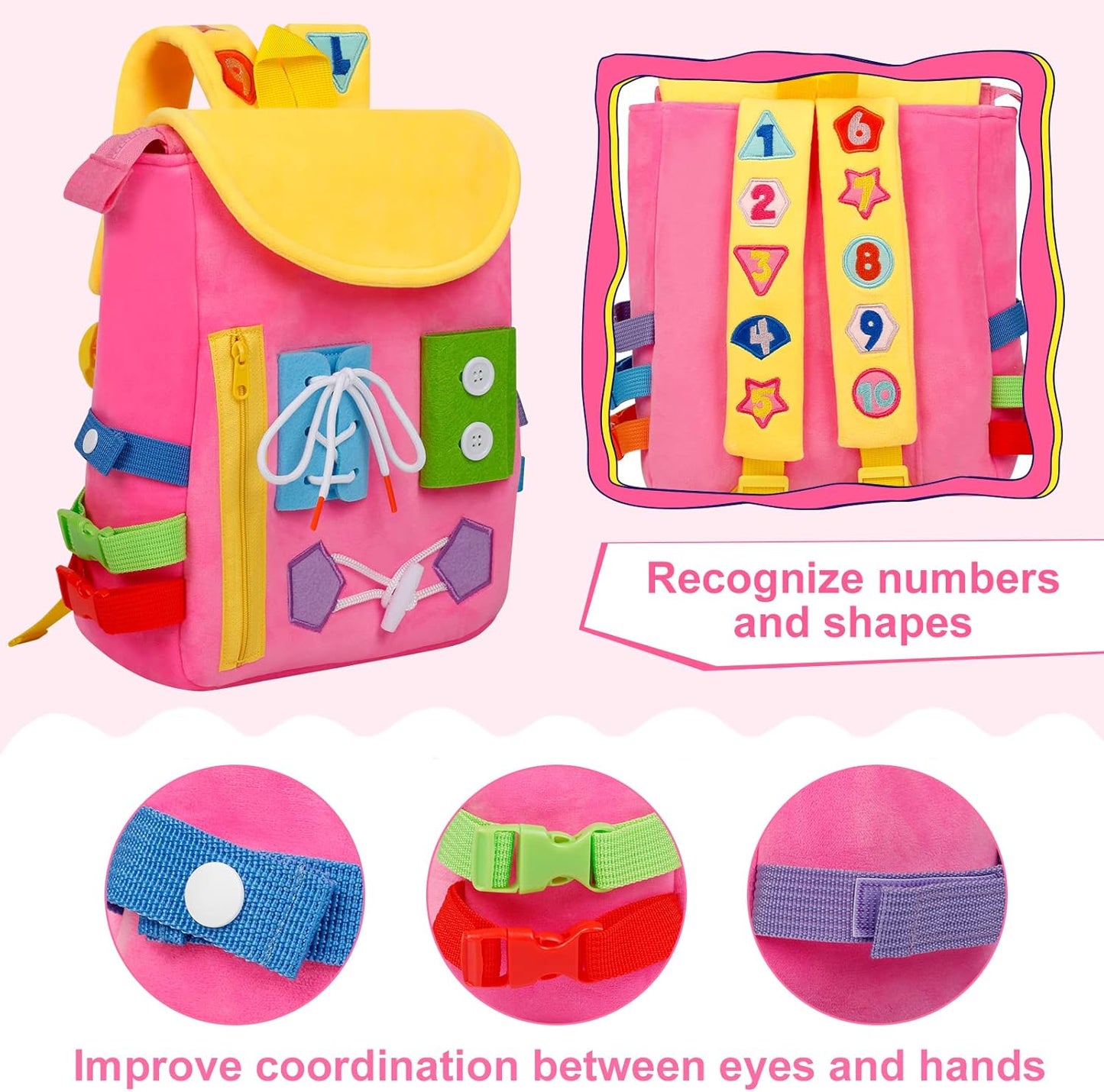 Busy Board - Toddler Backpack with Buckles and Learning Activity Toys - Develop Fine Motor Skills and Basic Life Skills - Learn to Tie Shoes - Children's Travel Toy