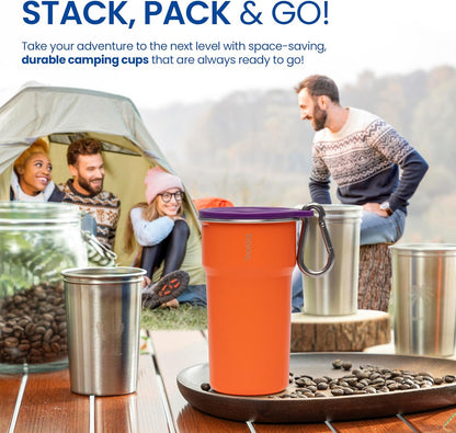bzyoo 5-Piece Nesting Camping Cups Set - 9oz Stackable Stainless Steel Mugs with Patterned Designs & Integrated Carry Hook, Space-Saving Portable Outdoor Mess Kit for Family Hiking, Backpacking & RV