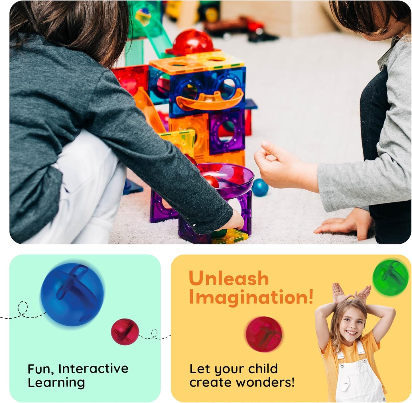 PicassoTiles 50pcs Magnetic Tiles Marble Run for Kids Race Track Toy Marble Maze Sensory Toys for Toddlers STEM Educational Set Magnet Building Blocks Construction Building Tiles Boys Girls 3+ PTG50