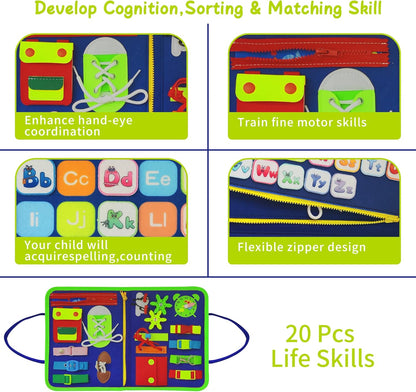 LearnToy Montessori Busy Board for Boys 3 4 5 Year, Sensory Toys for Toddlers 3-6, Ideal for Travel and Preschool - ABCs, 123s, Shapes, Colors, Animals, Weather, Birthday Gifts