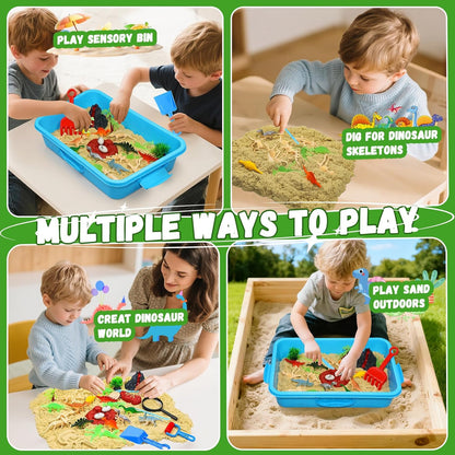 Dinosaur Sensory Bin with Lid, 2.64lbs Magic Sand, Dino Figures, Skeletons & Archaeology Tools, Sensory Sand Kit Dinosaur Toys for Kids 3 4 5 6 7+ Year Old Boy Toddler Birthday Gift Christmas