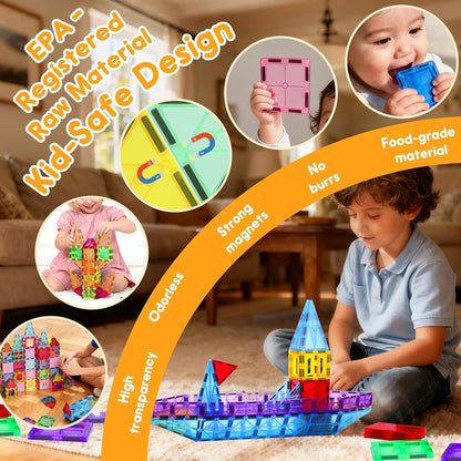 Upgraded Antibacterial Magnetic Tiles - 106 PCS Magnet Building Tiles with 2 Cars for Kids, Inhibits Bacterial Growth for Safe Play, 3D STEM Educational Construction Blocks & Xmas Gift