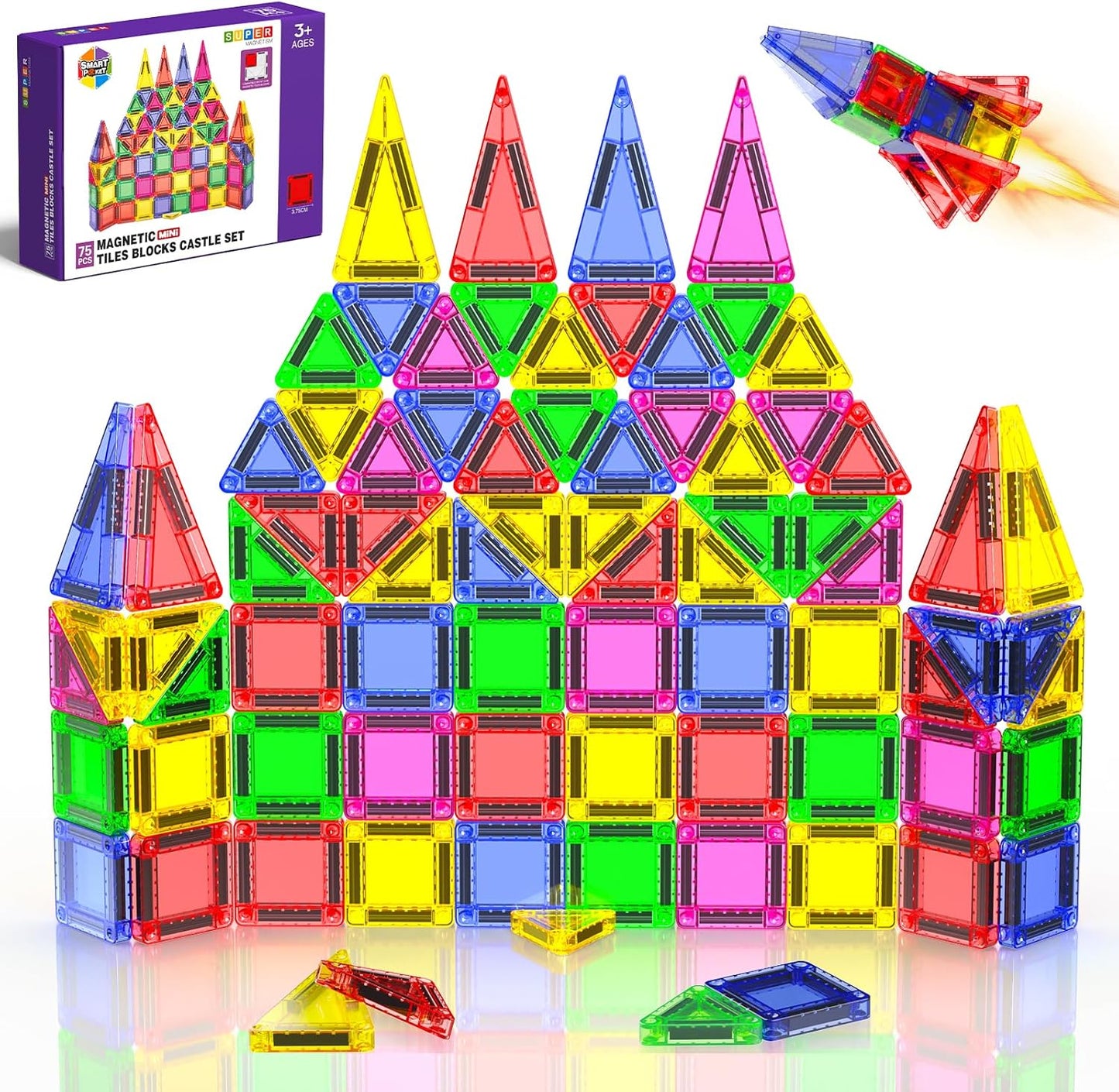 Mini Magnetic Tiles, 40 PCS Travel Magnetic Tiles with Tin, Micro Magnet Travel Toy Portable for Kids Age 3+, STEM Educational Building Set Construction Toys, Boys Girls Toddlers Birthday Gifts