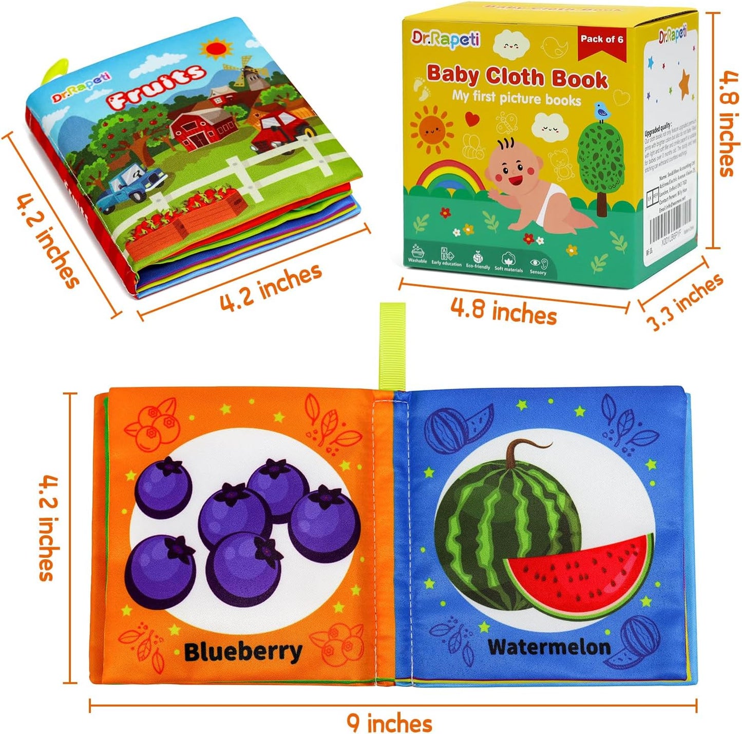 Dr.Rapeti Soft Cloth Books Baby Books Bath Books 6-Pack for Baby Infant Toddler Kids Crinkle Squeaky Washable Chewable Non-Toxic Early Educational Giftable