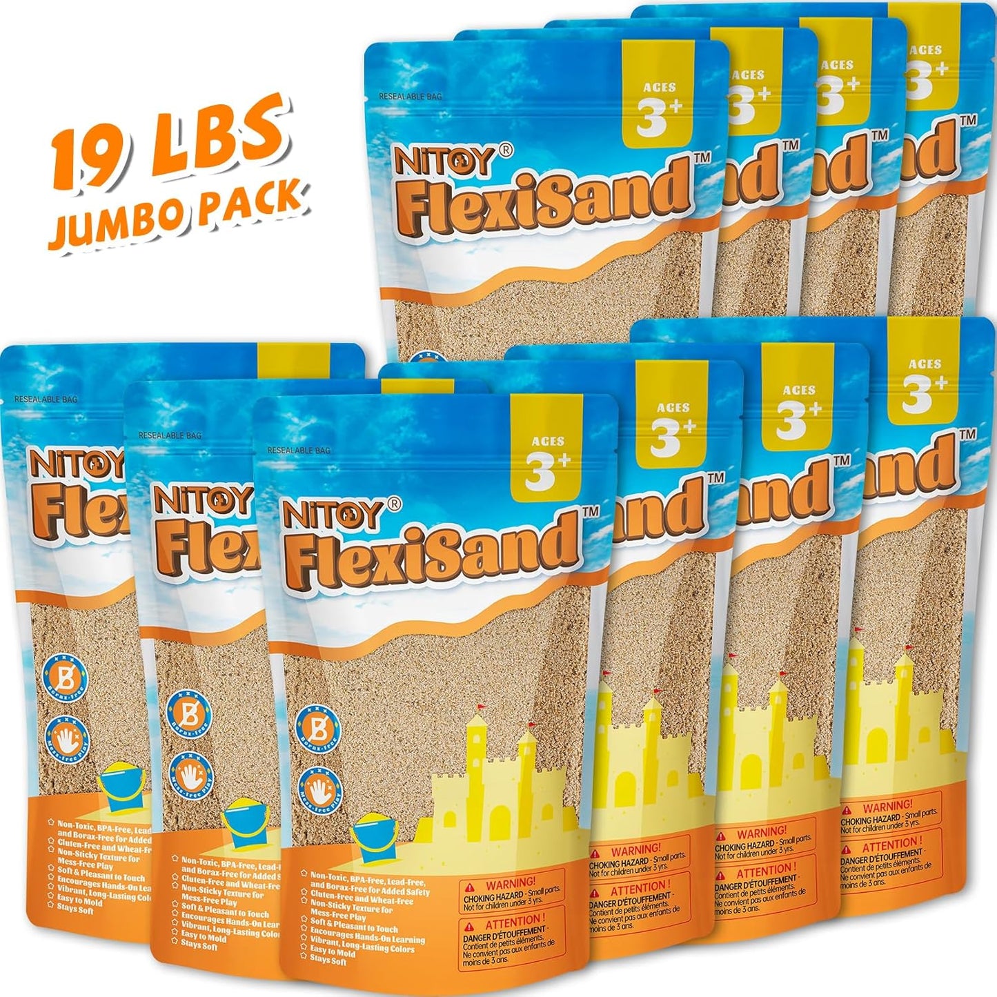 NiToy FlexiSand 19 lbs Moldable Self-Sticking Sand, Never Dries Out Fun for Over 3 Years Old Kids Bulk Refill for Sensory Sand Box Toys, Ideal for Shaping, Squeezing and Rolling (Dark Yellow)