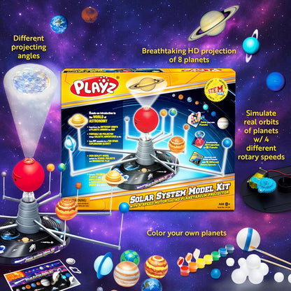 Playz Premium Solar System Model Kit for Kids - 4 Speed Motor, HD Planetarium Projector, 8 Painted Planets & 8 White Foam Balls with Paint and Brush for a Hands-On STEM DIY Project for Space Toys