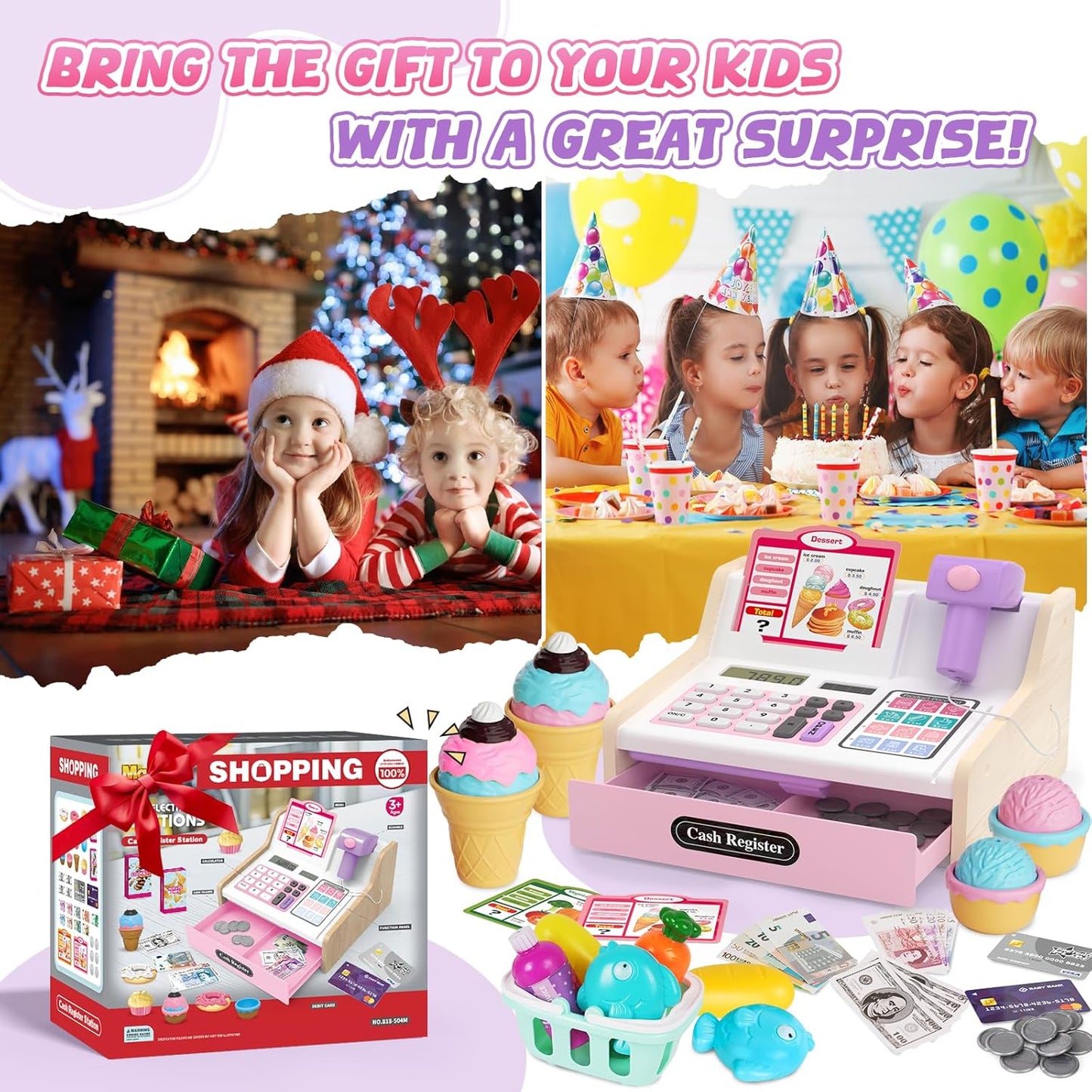 Kids Cash Register Toy Playset, Toddler Prentend Play Store with Real Calculator Cash Register with Scanner/Credit Card/Play Money/Food, Learning Toys for Boys Girls Toddlers(Pink)