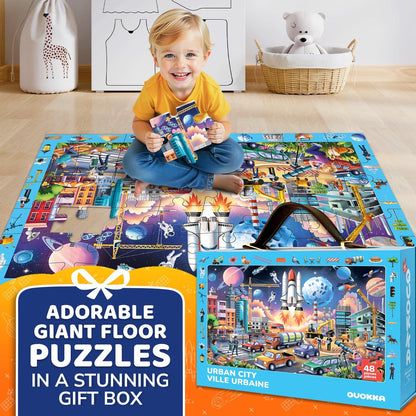 QUOKKA Floor Puzzles for Kids Ages 4-8 – 2x3 FT Giant Search and Find Jigsaw – 48 Large Pieces – Above and Beyond Observational Scene – Educatinal Montessori Toy with Gift Box – Fun Learning Activity