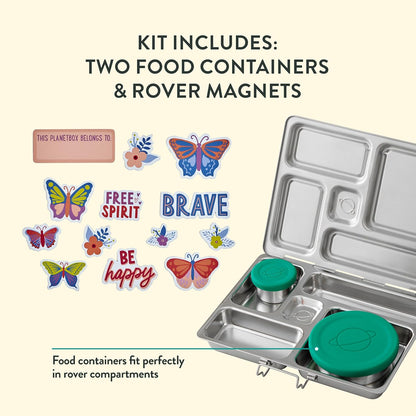 PlanetBox Rover Stainless Steel Bento Box Style Lunch Box Kit for Youth with 5 Compartments – Butterflies Edition includes Insulated Lunch Bag, Leakproof Food Containers & Matching Magnets