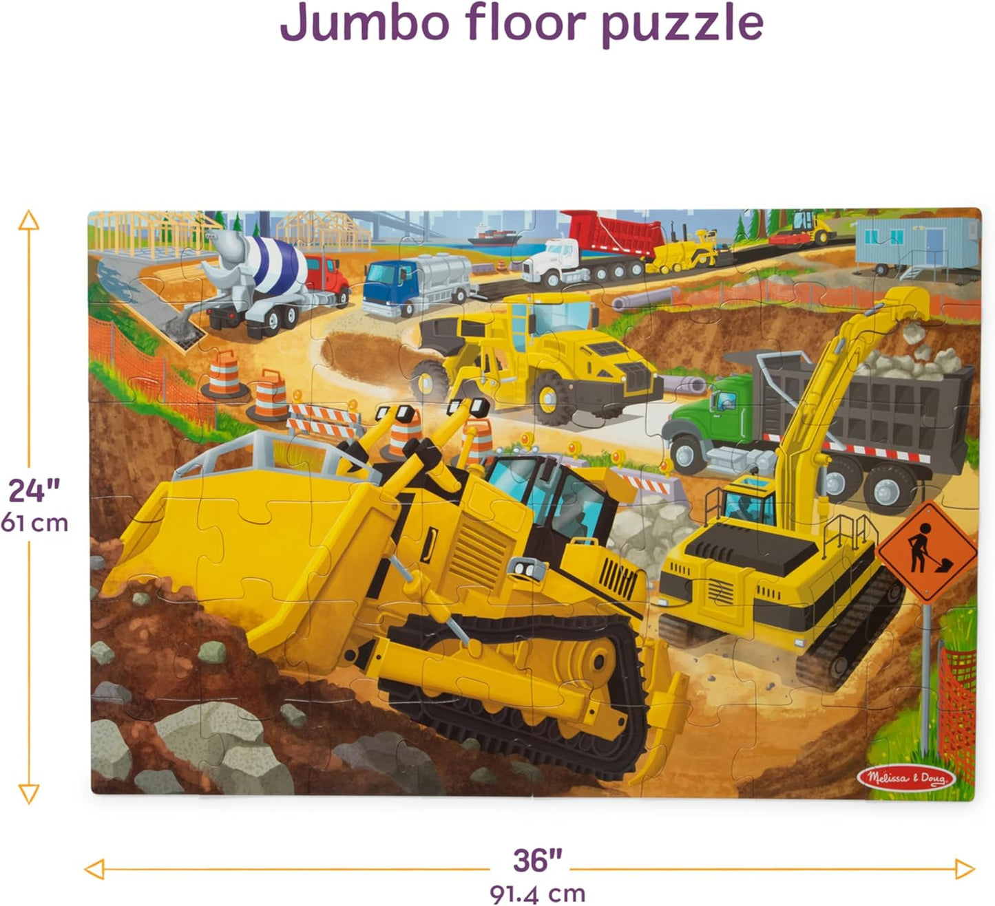 Melissa & Doug Building Site, Construction Themed Jumbo Floor Puzzle, 48‑Piece Construction Vehicle Jigsaw Puzzle, 3 x 2 Foot Toddler Puzzles for Kids Ages 3+
