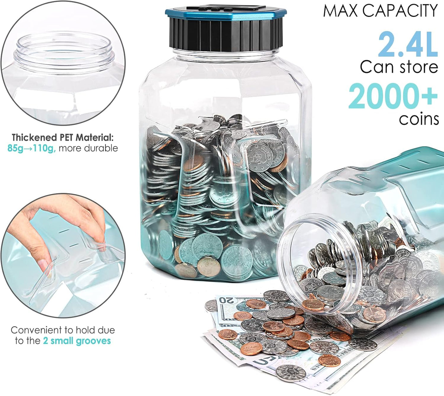 X-Large Piggy Bank for Adults Kids, Vcertcpl Digital Coin Counting Bank with LCD Counter, 2.4L Capacity, Great Coin Counter Bank Money Counting Jar with Total Amount Displayed (Silver, X-Large)