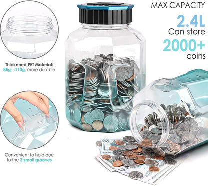 X-Large Piggy Bank for Adults Kids, Vcertcpl Digital Coin Counting Bank with LCD Counter, 2.4L Capacity, Great Coin Counter Bank Money Counting Jar with Total Amount Displayed (Silver, X-Large)