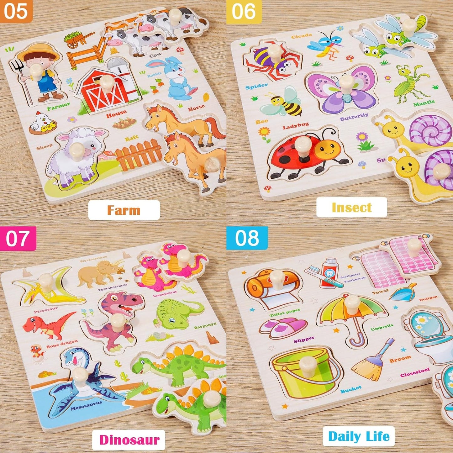 8Pcs Wooden Puzzle for Toddler 1-3, Peg Puzzles for Toddler 2-4, Montessori Learning Toys with Animals, Dinosaur, Fruits & More, Preschool Puzzle Set Educational Toys Toddler Gifts for Girls Boys