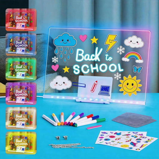 LED Drawing Board, 14'' Acrylic Note Board with Colors, Include LED Light Up Writing Pad 4 Modes & 7 Colors, 8 Markers, Stand, Hanging Chain, 2 Gel Clings, Holiday Gift