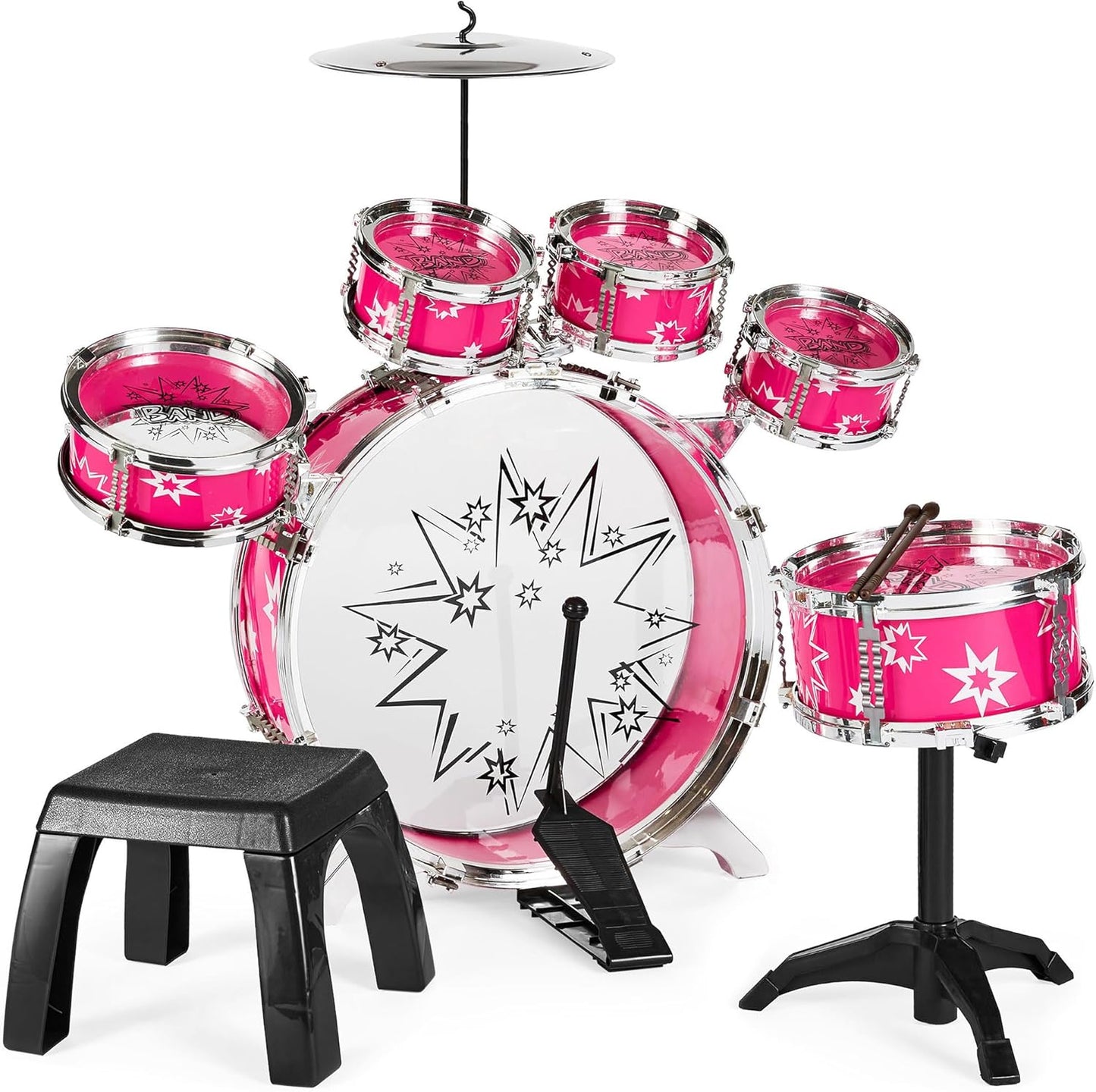 Best Choice Products 11-Piece Kids Beginner Drum Kit, Musical Instrument Toy Drum Set for Music Practice w/Bass, Toms, Snare, Cymbal, Stool, Stand Drumsticks - Black