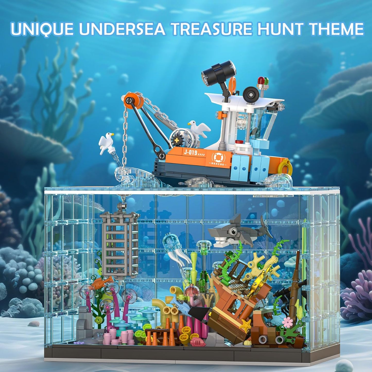 Moving Mechanical Dolphin Building Set - Hand Crank Model Kit with Swimming Tail, Movable Jaw & Glowing Lights | STEM Educational Toy & Unique Desk Decor for Ages 8+, Adults, Blue