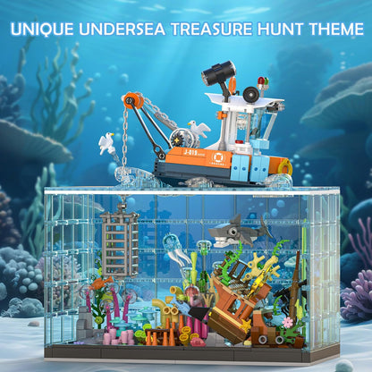 Moving Mechanical Dolphin Building Set - Hand Crank Model Kit with Swimming Tail, Movable Jaw & Glowing Lights | STEM Educational Toy & Unique Desk Decor for Ages 8+, Adults, Blue