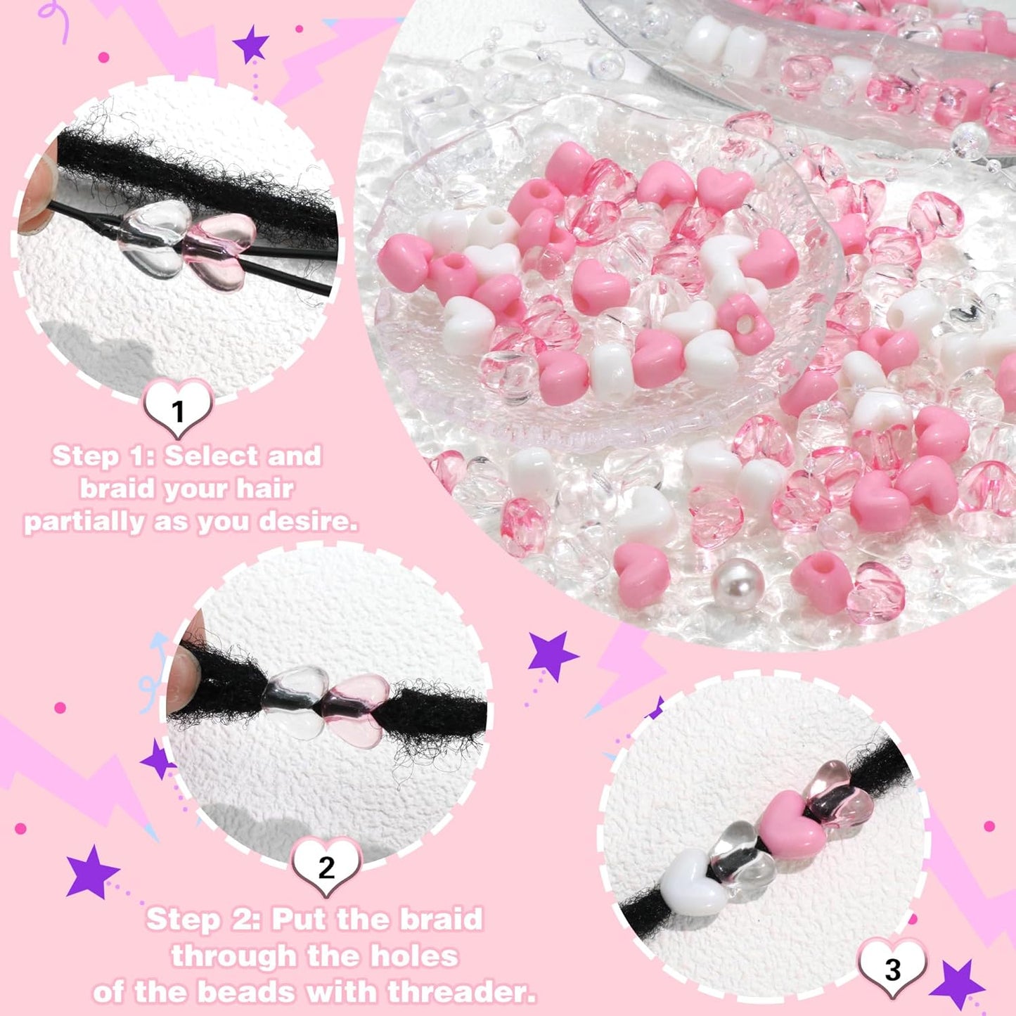88PCS Pink White Hair Beads for Braids Lovely Heart Shape Loc Dreadlock Valentine's Day Bead Accessories Cute Acrylic Small Pony Beads for Kids Girls