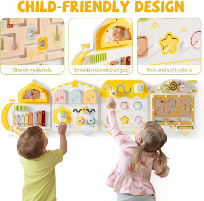 ROBUD Activity Wall Busy Board, Spring Train Montessori Busy Board, 12-in-1 Wooden Sensory Wall Panel, Montessori Sensory Wall Panel for Boys & Girls, Ideal for Toddler Playroom Nursery Classroom