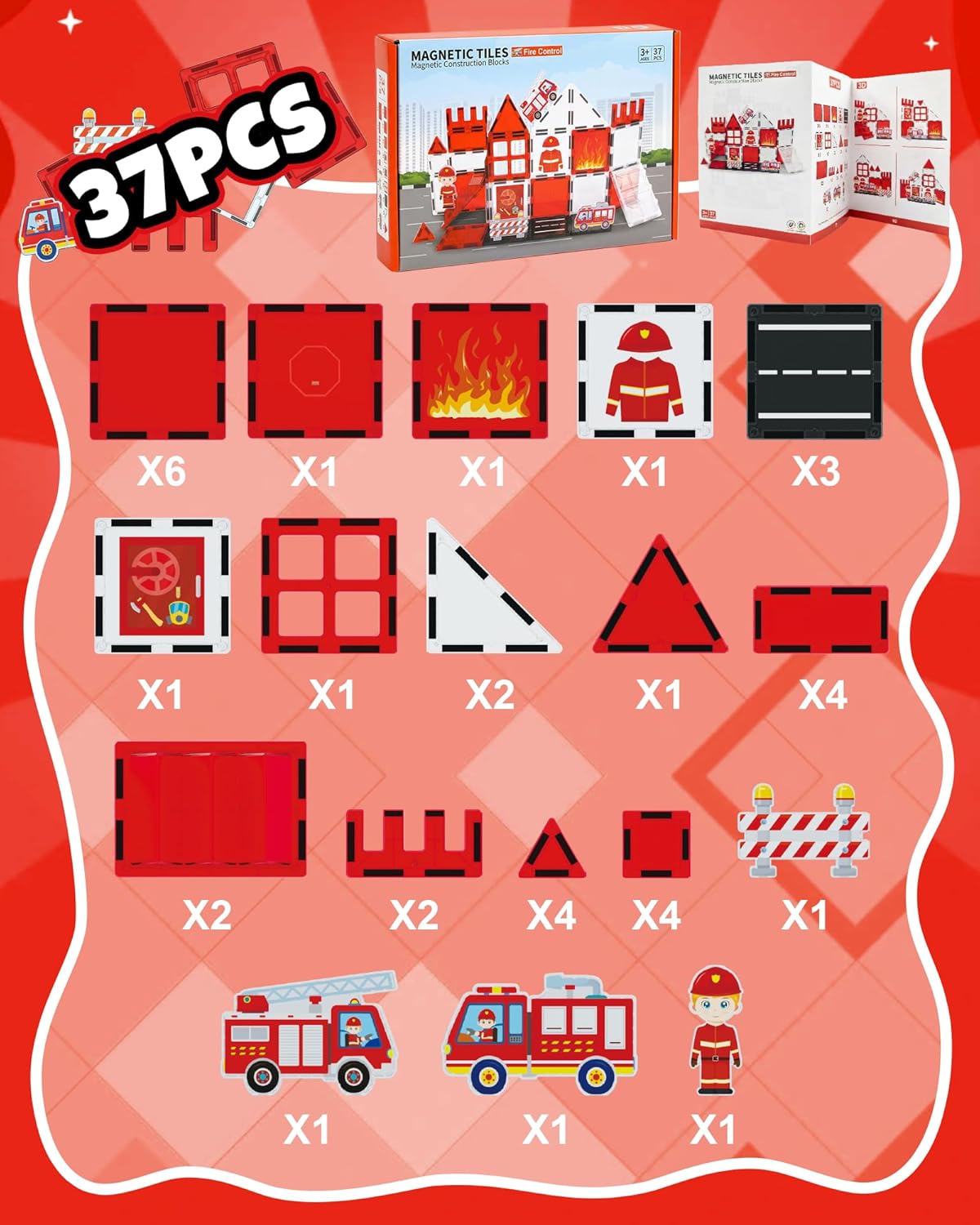Magnetic Tiles for Kids, Construction Magnetic Building Blocks,37pcs STEM Educational Magnet Toys, Ideal Gift for Boys & Girls for Christmas & Birthday
