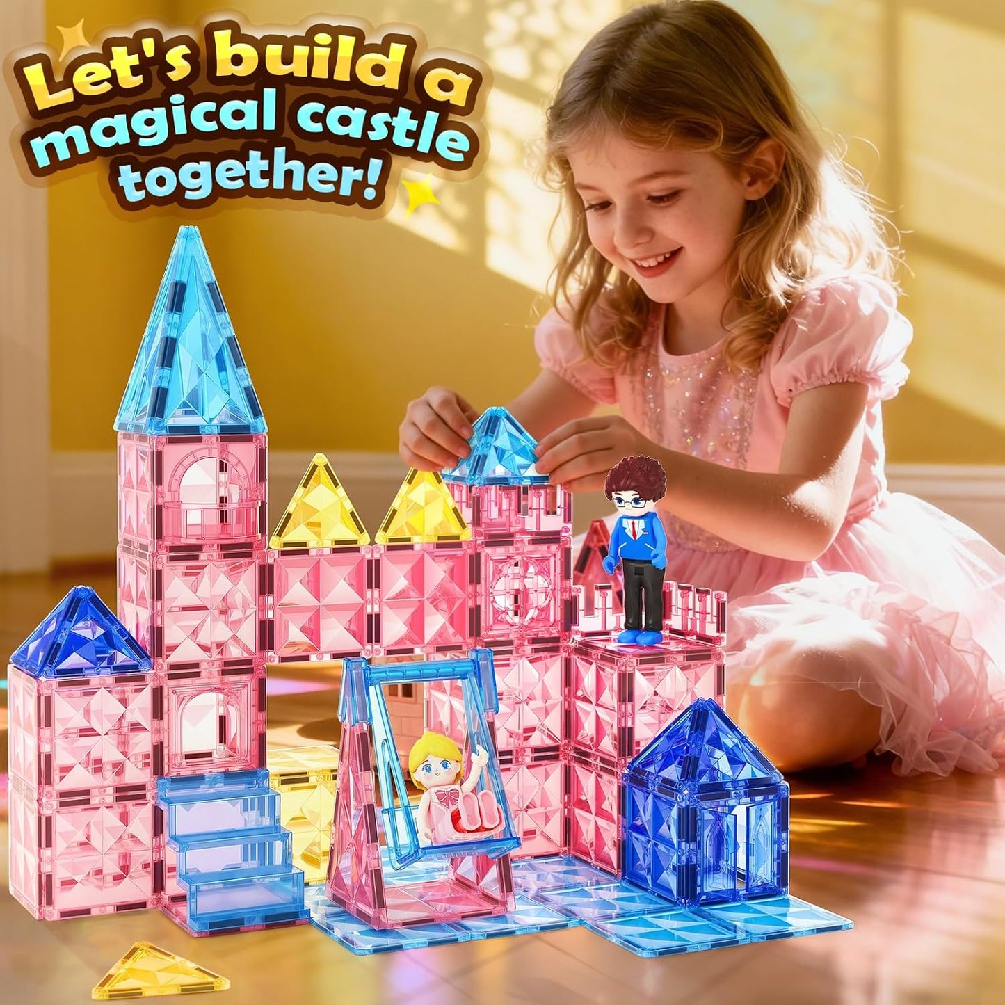 Coodoo Diamond Magnetic Tiles Magnetic Building Blocks STEM Sensory Toy for Boys Girls Pink Castle Dollhouse Pretend Princess Toys for 3 4 5 6 Year Old Girls Toys Birthday Xmas Present