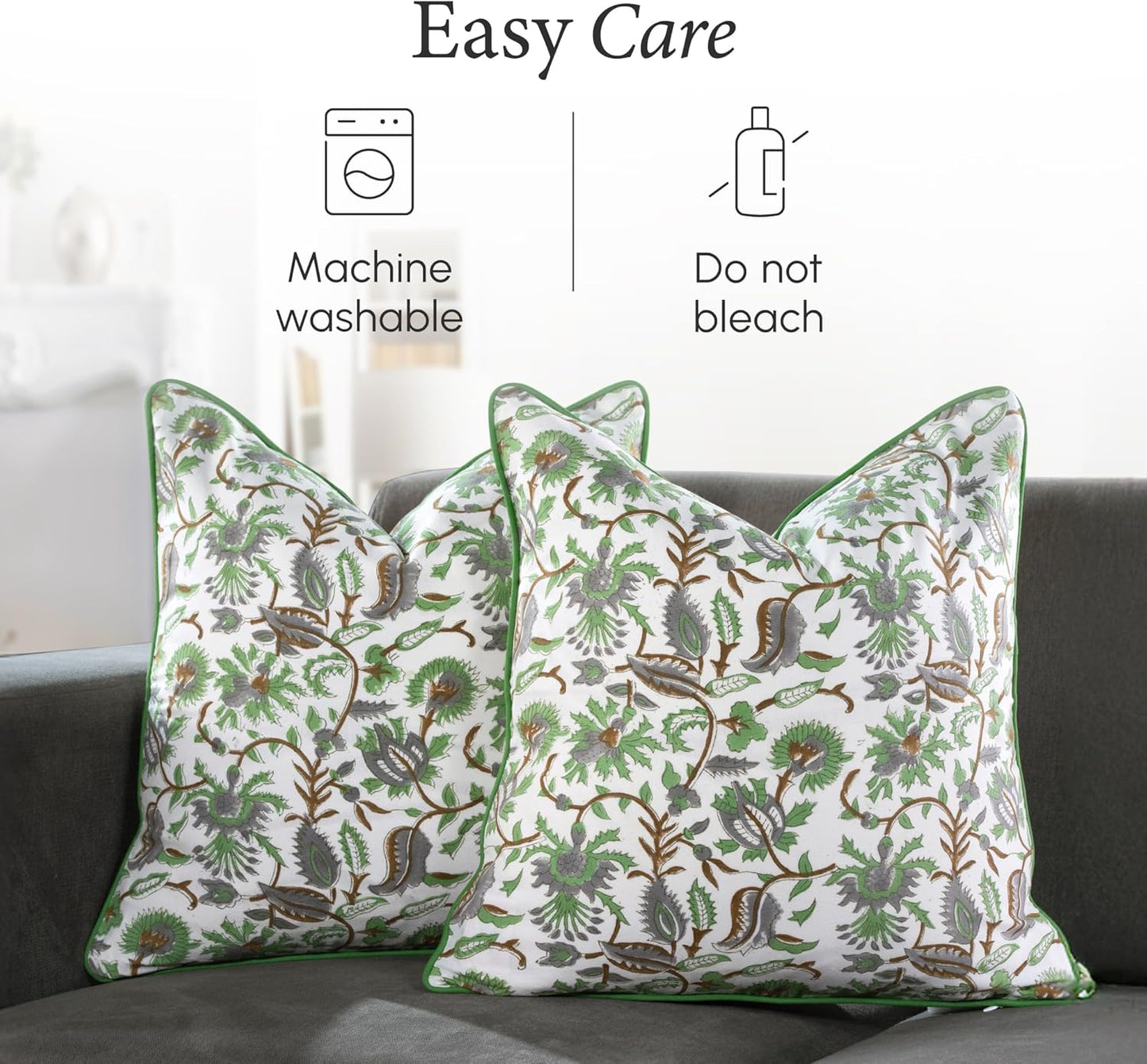 CPC 100% Cotton Throw Pillow Covers 18x18 Inch, Set of 2 Green Block Print Pattern Couch Pillow, Cute Boho Decorative Pillows for Living Room, Bedroom with Hidden Zipper- Agate Green