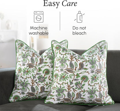 CPC 100% Cotton Throw Pillow Covers 18x18 Inch, Set of 2 Green Block Print Pattern Couch Pillow, Cute Boho Decorative Pillows for Living Room, Bedroom with Hidden Zipper- Agate Green