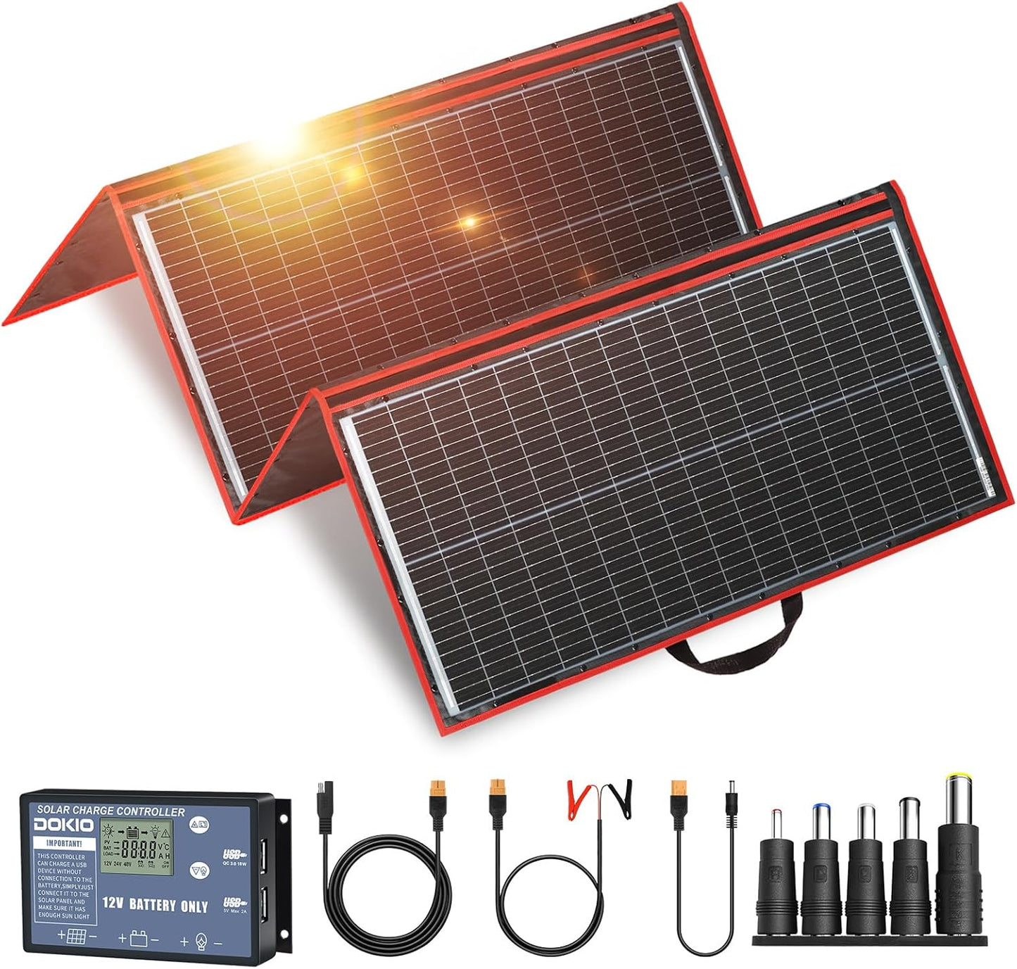 DOKIO 100W Portable Foldable Solar Panel Kit, Compact 18.9x26in Design 5.3lb with Standalone Controller and USB, Monocrystalline Charger for 12V Batteries, Power Stations, RV Camping Emergency Use