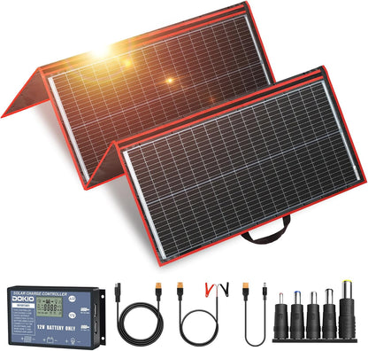 DOKIO 100W Portable Foldable Solar Panel Kit, Compact 18.9x26in Design 5.3lb with Standalone Controller and USB, Monocrystalline Charger for 12V Batteries, Power Stations, RV Camping Emergency Use