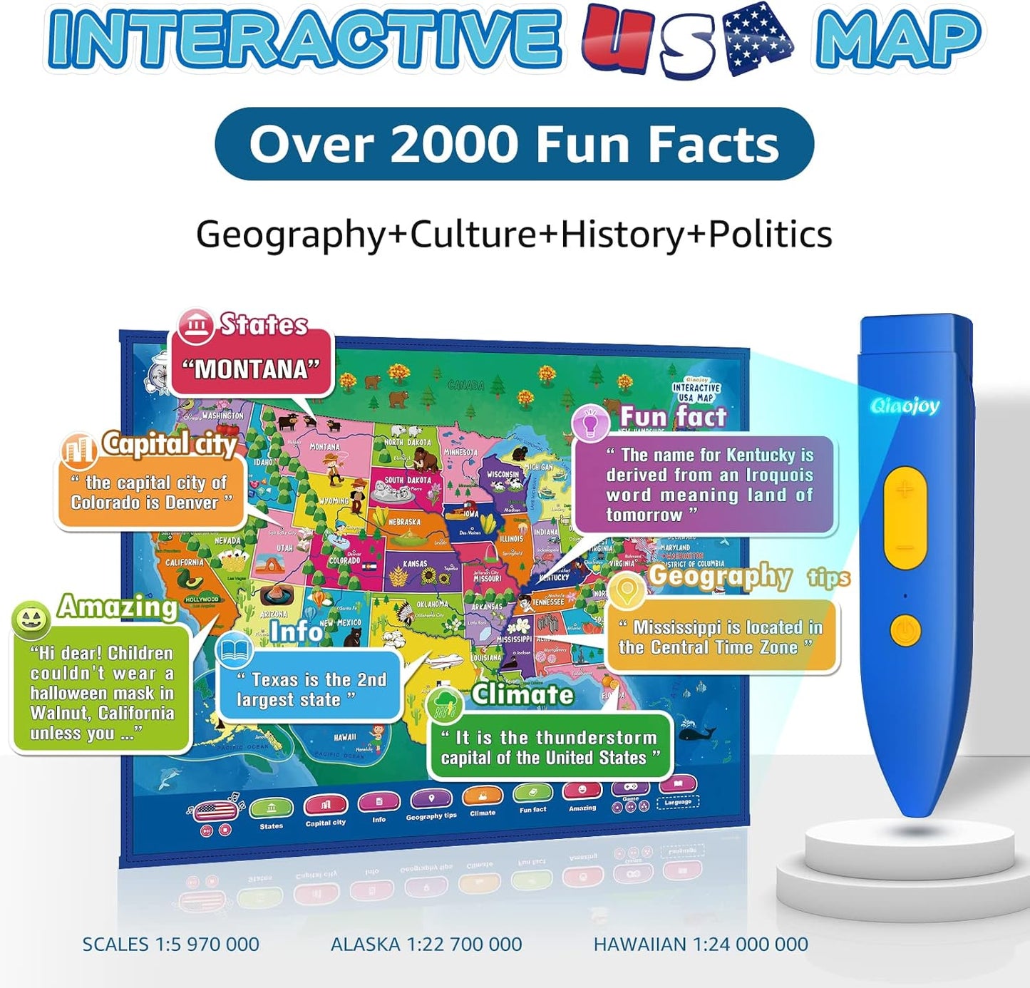 Qiaojoy Bilingual Interactive World Map for Kids Learning and Educational Toys, Talking Electronic Kids World Map i-Poster Geography Games Ages 3 to 12 Years Old, Custom Talking Birthday Gifts Card