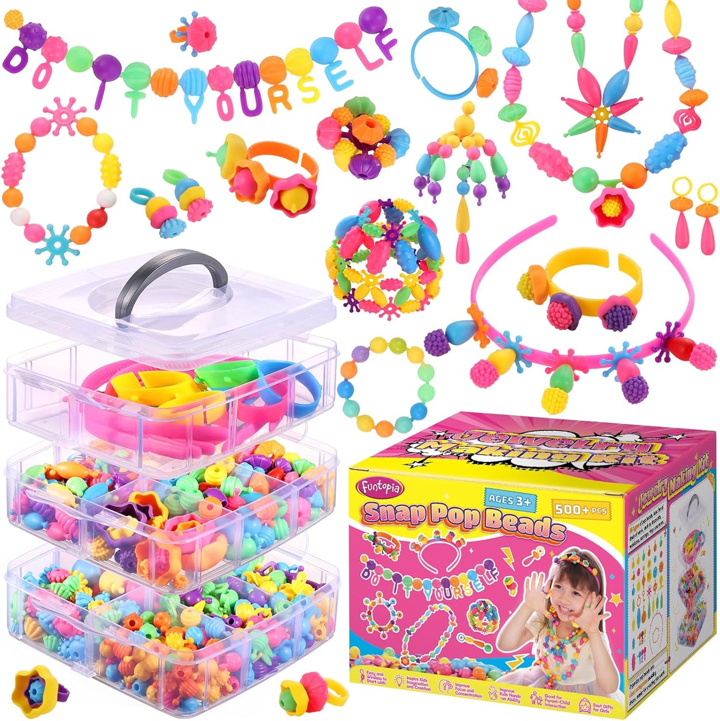 Funtopia Pop Beads, 700+ Pcs Arts and Crafts for Kids 4-6, Snap Beads DIY Bracelet Necklace Ring Anklet Set, Birthday Party Creativity Toys for Girls Toddlers Ages 3 4 5 6 (X-Large)