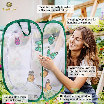 SunGrow Foldable Butterfly Habitat, 24" Butterfly Cage for Caterpillars, Create Farm, Enclosure for Breeding Soldier Fly, Ladybug, Dragonfly, or Housefly for Chicken and Reptile Feed, Green
