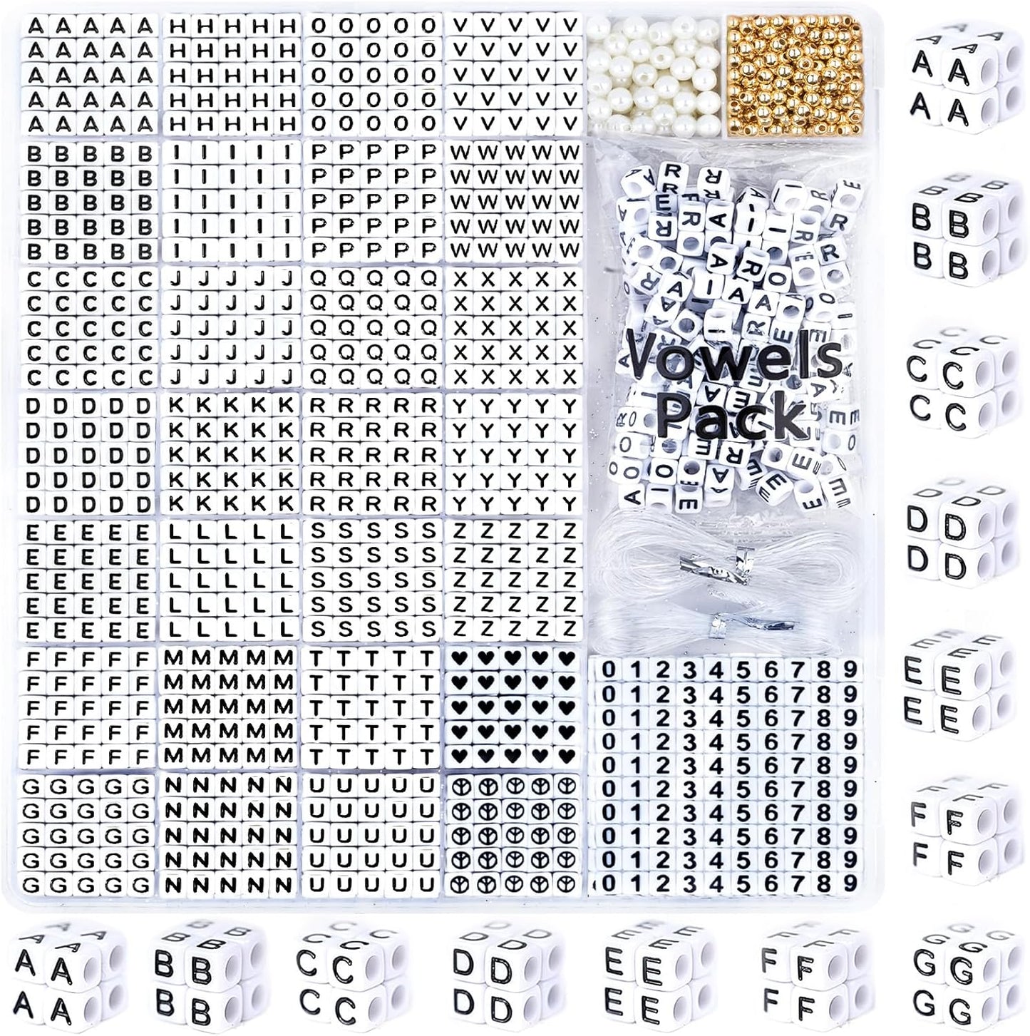 DoDoBeads 1270 Pcs Letter Beads Kit, White and Colorful Square Acrylic Alphabet Beads with Extra Vowels, Numbers & Spacers, Perfect for Friendship Bracelets