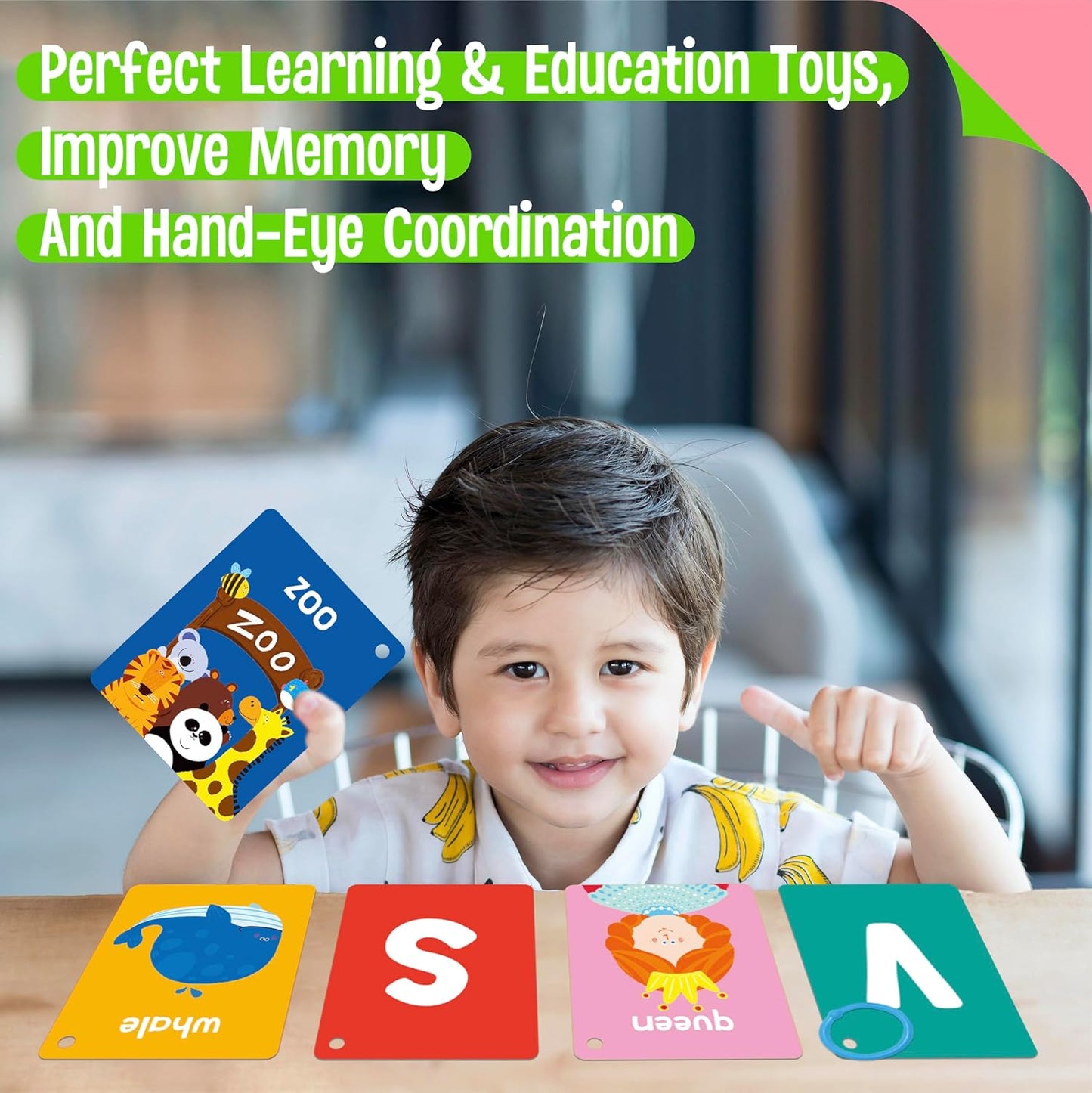 50 PCS Kid First Cognitive Flashcards,Double Sided Printed 7 in 1 Colorful Cards Alphabet,Numbers, Foods,Animals,Shapes,Colors with 3 Reclosable Rings,Learning Tool for Pre-K Kindergarten Toddlers