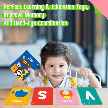 50 PCS Kid First Cognitive Flashcards,Double Sided Printed 7 in 1 Colorful Cards Alphabet,Numbers, Foods,Animals,Shapes,Colors with 3 Reclosable Rings,Learning Tool for Pre-K Kindergarten Toddlers