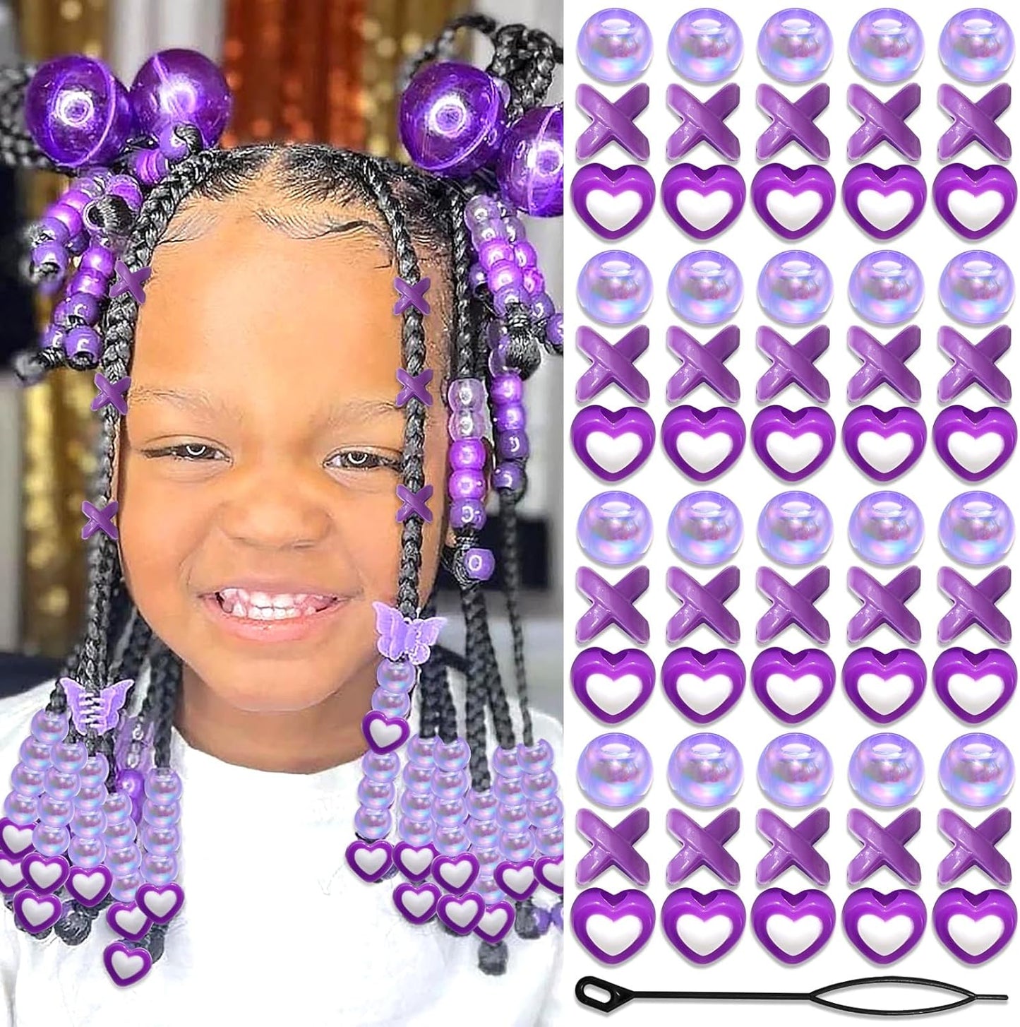 60PCS Purple Braids Beads 3 Styles Dreadlock Bead Accessories Cute Hair Jewelry AB Round Bead Decoration for Kids Girls
