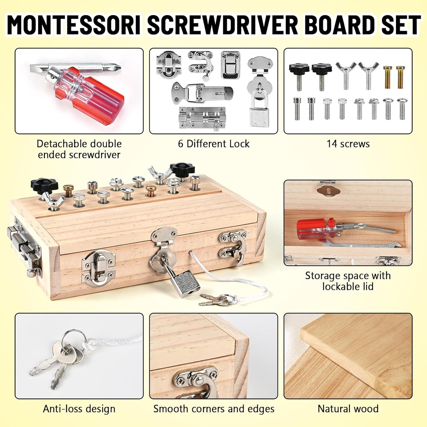 Montessori Screwdriver Board Set, Montessori Toys for 3 4 5 with 6 Locks and Keys, Toddler Screwdriver Toy, Kids Tool Set, Preschool Learning Sensory Toy, Fine Motor Skills Toys