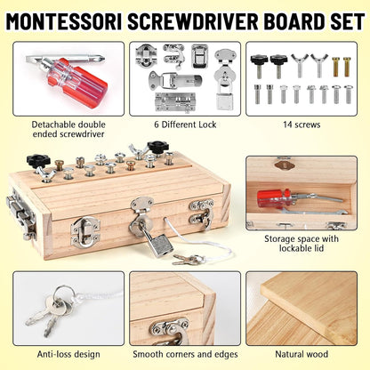 Montessori Screwdriver Board Set, Montessori Toys for 3 4 5 with 6 Locks and Keys, Toddler Screwdriver Toy, Kids Tool Set, Preschool Learning Sensory Toy, Fine Motor Skills Toys