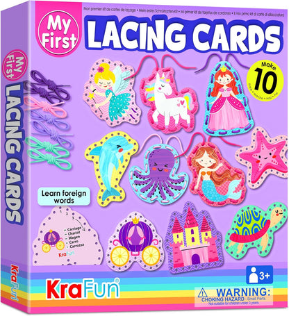 KRAFUN My First Lacing Cards Kit for Toddlers & Kids Age 3+, 10 Safari Animal Arts & Crafts Projects, Fine Motor Skills Toys with Lion Monkey Elephant Tiger Giraffe Hippo Zebra Bear