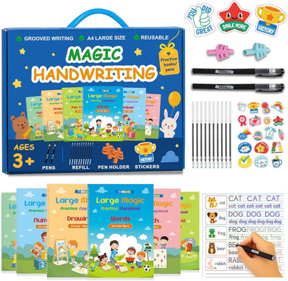 Large Magic Practice Copybook for Kids,Handwriting Grooved Practice Book 6 Pack with Pen Refill English Cursive Calligraphy Reusable Age 3-8（A4 Size）