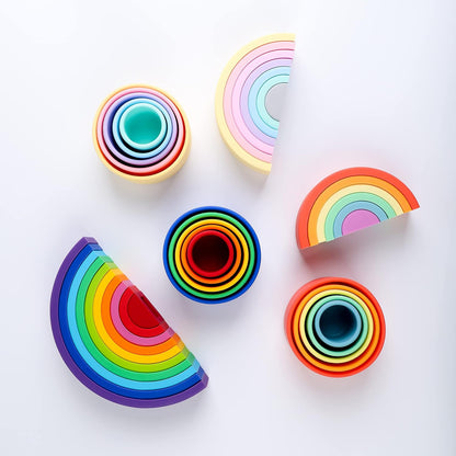BLUE GINKGO Silicone Rainbow Stacker - Montessori Nesting Puzzle | Kids and Toddler | Stacking Sensory Toys - 7 Layers (Pastel)