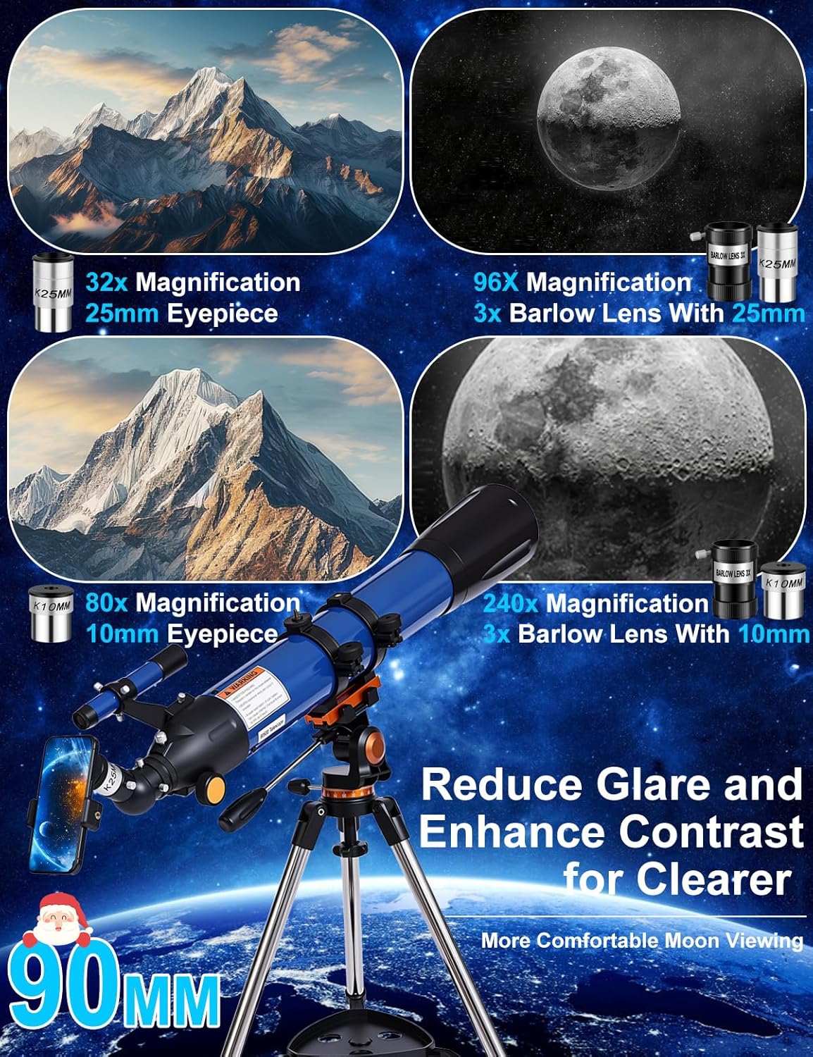 Telescope for Adults High Powered 90mm Aperture 800mm (32X-240X), Refractor Telescopes for Astronomy Beginners with AZ Mount Tripod, Phone Adapter, Carry Bag (80090white)