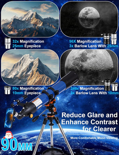 Telescope for Adults High Powered 90mm Aperture 800mm (32X-240X), Refractor Telescopes for Astronomy Beginners with AZ Mount Tripod, Phone Adapter, Carry Bag (80090white)